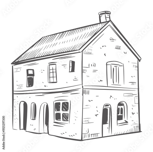 Black and white line of a two story brick house with arched doorways building