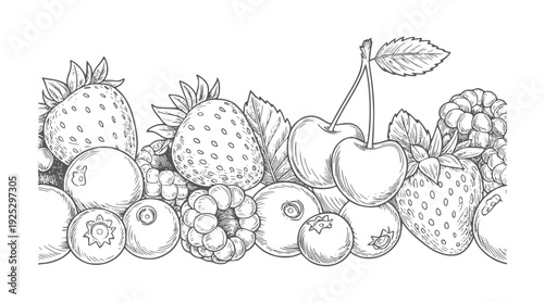Black and white line of assorted fresh berries and cherries berry strawberry blueberry
