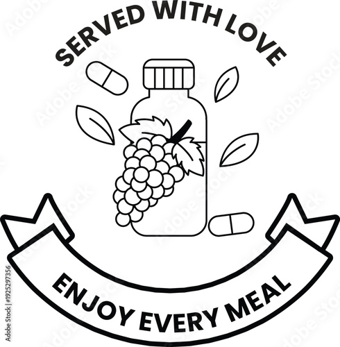 A bottle of pills with a ribbon around it that says "served with love"