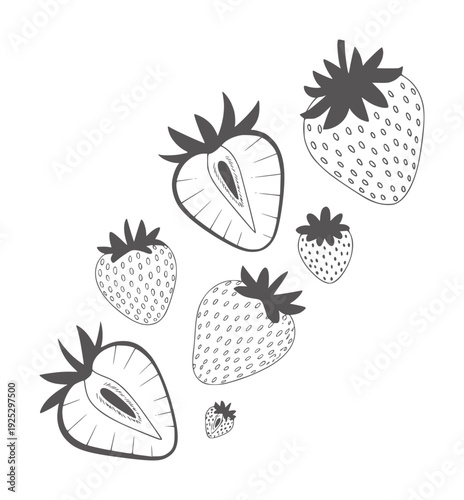 Black and white of whole and halved strawberries strawberry fruit food