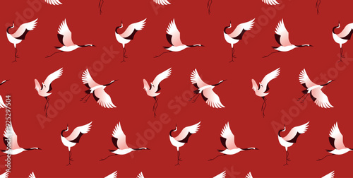 Photos Seamless Pattern with Flying Crane Birds on Red Background, Japan Japanese Cultu