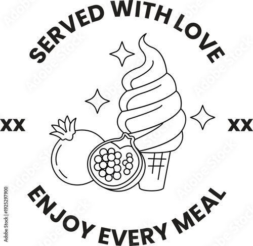 A white circle with a black border that says "served with love" in the center