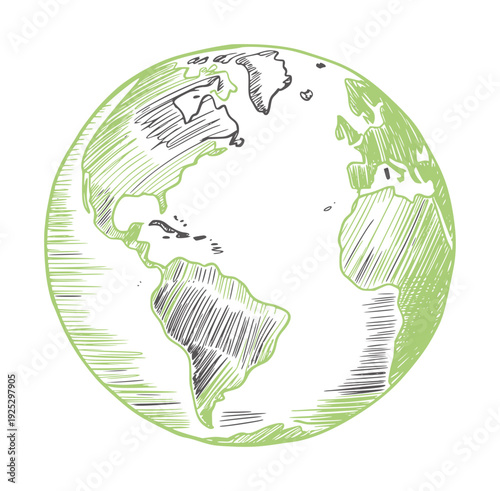 Hand drawn of planet earth with green continents and dark lines globe black