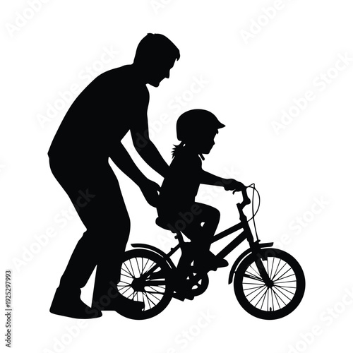 Father teaching daughter to ride bicycle silhouette