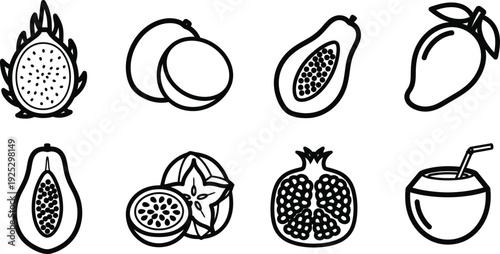 Icon bundle featuring various tropical fruits line art