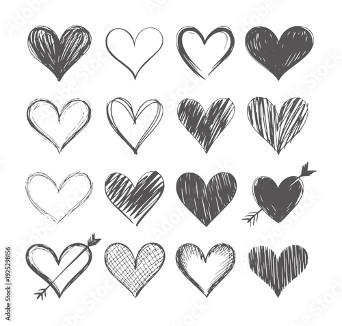 Twelve hand drawn hearts in various sketchy styles and fill patterns handdrawn doodle