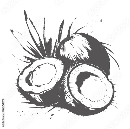 Two halved coconuts with palm leaves in watercolor style tropical fruit