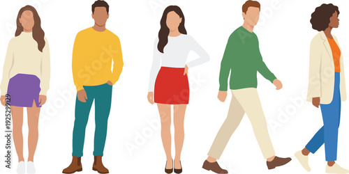 Diverse group of young people in casual fashionable outfits standing and walking, minimalist flat vector illustration on white background