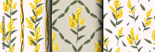 Mimosa flowers blossom floral seamless pattern set Collection. Trendy geometric flat flowers blossom, floral print white yellow texture background