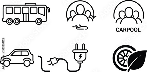 Eco friendly transportation icon bundle for sustainable travel and carpooling solutions
