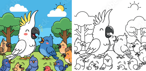 Cute cockatoo and blue bird singing together vector illustration. Happy white parrot talking to friends in nature. Funny avian mascot characters for kids, nursery, and spring design.