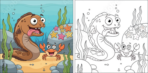 Funny moray eel and crab cartoon character vector illustration. Happy underwater animal friends on ocean floor with starfish. Cute aquatic mascot design for kids and sticker.
