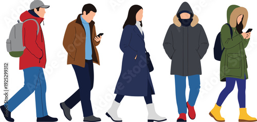 Flat vector illustration of diverse people in winter clothing walking, using phones, and wearing jackets, coats, and backpacks