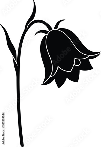 Black bell flower silhouette with stem and leaf on white background, elegant floral vector illustration for minimalist graphic design