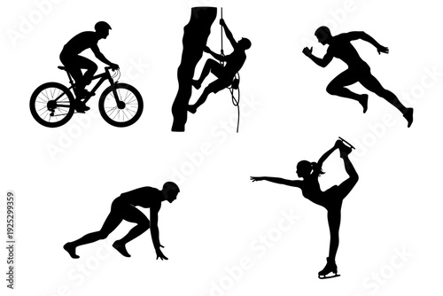 Sport silhouettes set with cyclist, rock climber, sprinter, starting runner and figure skater in black vector style. Concept of active lifestyle, training, endurance and competition.