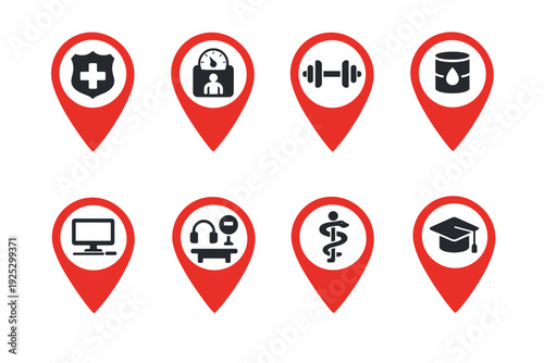 Set of red map pin icons with medical and education services: first aid cross, doctor, gym, pharmacy, computer consultation, headset support, medical symbol and graduation cap for map apps.