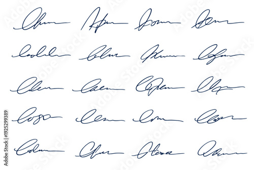 Elegant handwritten signature scribbles in blue ink on a black background. Abstract autograph collection for contracts, branding, identity, and document approval.