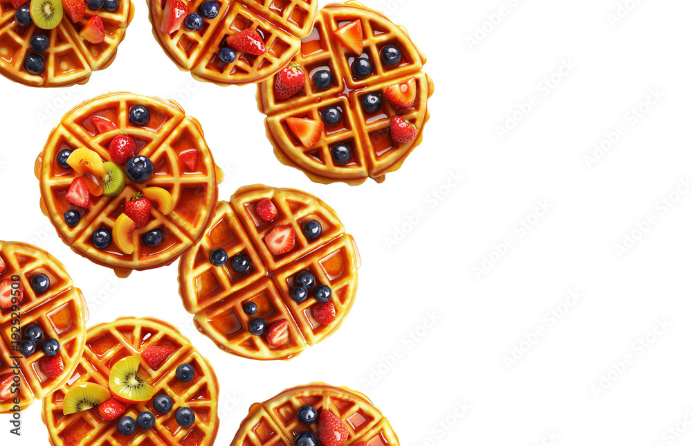 Fototapeta premium Top view of waffles with mixed fruits isolated on white background, conveying a bright breakfast concept