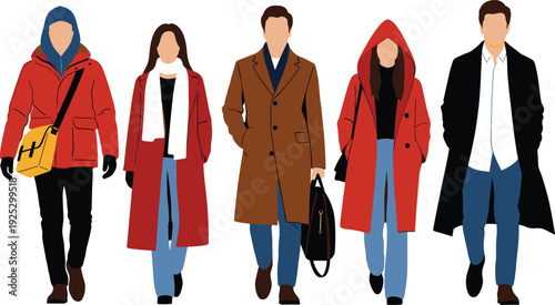 Flat vector illustration of a diverse group of men and women walking in stylish winter coats and autumn outerwear