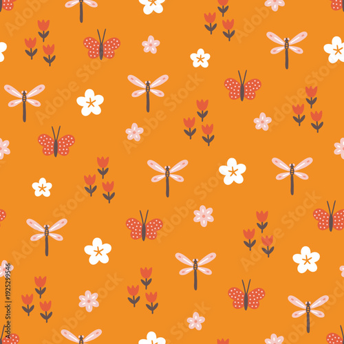 Floral seamless pattern with butterflies, tulips, dragonflies, flowers on yellow background. Perfect for wallpaper, gift paper, spring and summer greeting cards. Vector hand drawn illustration