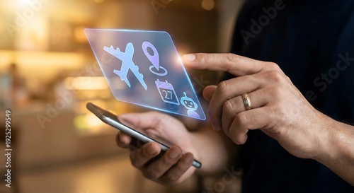 Person using smartphone to interact with futuristic travel planning interface with icons of airplane location calendar and bot