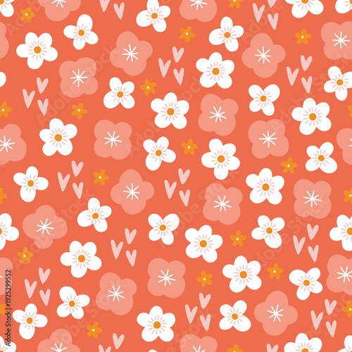 Floral seamless pattern with flowers and hearts on light red background. Perfect for wallpaper, gift paper, greeting cards. Vector hand drawn illustration
