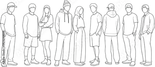 Minimalist line art illustration of diverse young people in stylish urban streetwear outfits, casual standing poses for fashion design