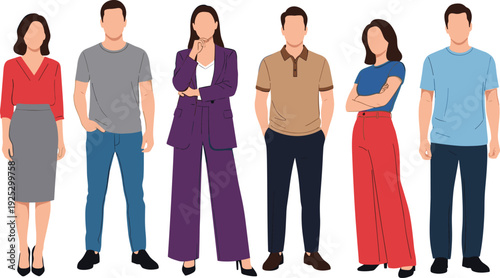 Flat vector illustration of diverse young professional men and women standing together in stylish casual business outfits, isolated on white