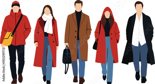 Flat vector illustration of young stylish people walking in winter coats, jackets, and autumn fashion outfits for urban lifestyle
