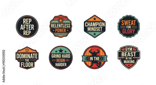 Assortment of eight vintage style motivational badges for physical.