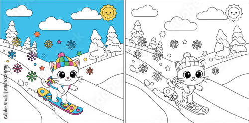 Cute cat cartoon snowboarding in winter vector illustration. Happy white kitten character wearing hat riding snowboard on snowy hill. Funny animal mascot design for kids and holiday print.