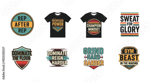 Four motivational fitness apparel designs feature strong workout slogans.