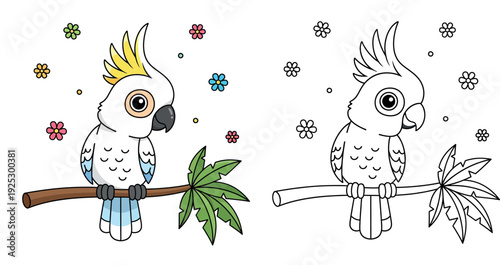 Cute cockatoo cartoon vector illustration. Happy white parrot with yellow crest sitting on branch with flowers. Tropical bird mascot design for kids, sticker, and nursery print.
