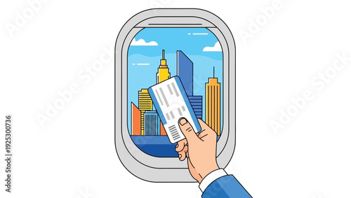 Passenger Boarding Pass Held Up to Airplane Window with City Skyline