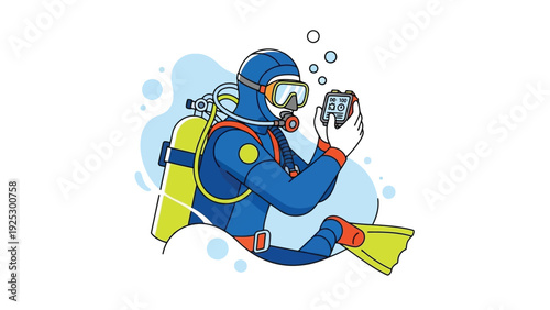 Diver in Scuba Gear Inspecting Dive Computer