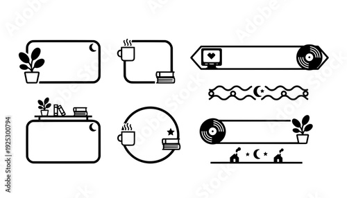 Blank cozy lofi stream overlay panels and aesthetic text box frames featuring minimalist outline icons of books, computer, house, plant, and vinyl