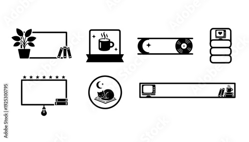 Blank cozy lofi stream overlay panels and aesthetic alert frames with minimalist black line art icons of a sleeping cat, retro tv, books, and coffee