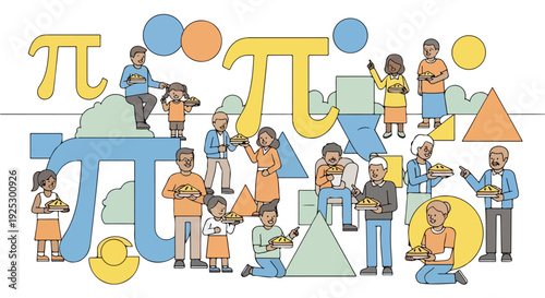 Illustration of diverse people engaging with mathematical shapes and pi symbols in a colorful composition.