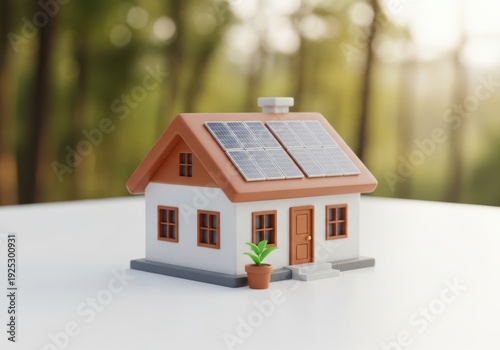Miniature eco-friendly house model with solar panels and small garden in front