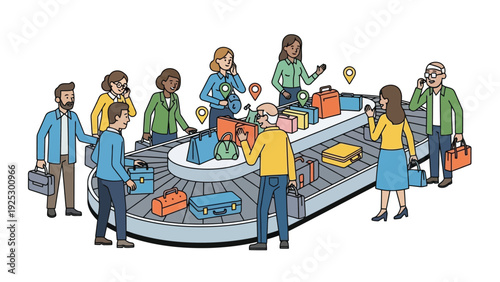 Passengers and luggage on a baggage carousel at airport