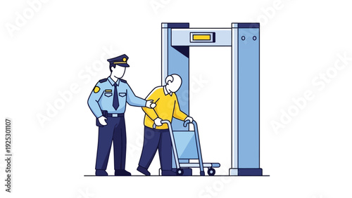Security Officer Assisting Elderly Person Through Airport Body Scanner