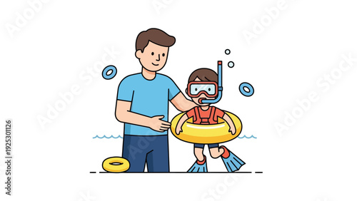 Man Helping Child Snorkeling With Floater In Water