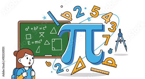 Illustration of a young girl standing next to a green chalkboard with mathematical symbols and a large blue pi symbol surrounded by numbers and geometric shapes on a white background.