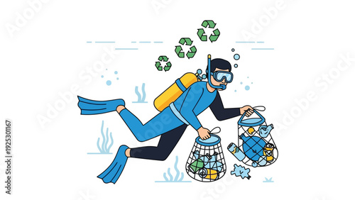 Scuba Diver Collecting Recyclables Underwater