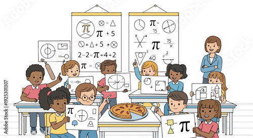 Illustration of a diverse group of children and a teacher celebrating Pi Day with mathematical equations and a pie in a classroom setting with a white background.