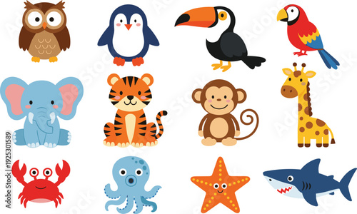 Cute Cartoon Animal Vector Set Featuring Jungle Zoo and Sea Creatures Including Lion Elephant Shark Owl Monkey Penguin Octopus and Crab