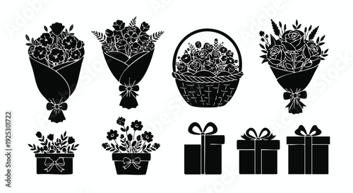 Set of 8 flower bouquets and gift boxes vector icons