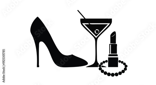 Set of 3 glamour icons vector, high heel shoe, martini glass, lipstick