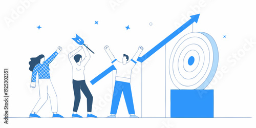 Team celebrates success with a rising arrow hitting a target