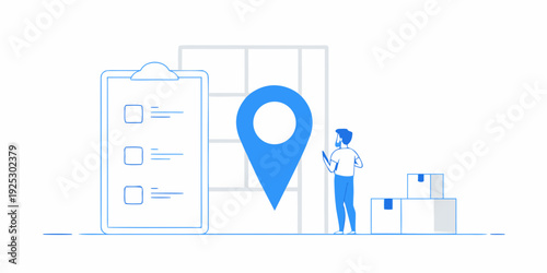 Illustration of a person checking a list near a location pin symbol
